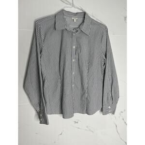 Talbots Button Down Long Sleeve Cotton Shirt Black/White Stripe Sz L EUC Career